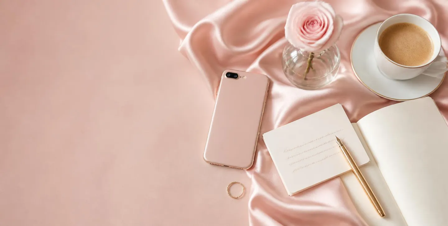 Een handgeschreven kaartje met een gouden vulpen op roze satijn, naast een telefoon, een notitieboek, een roos en koffie