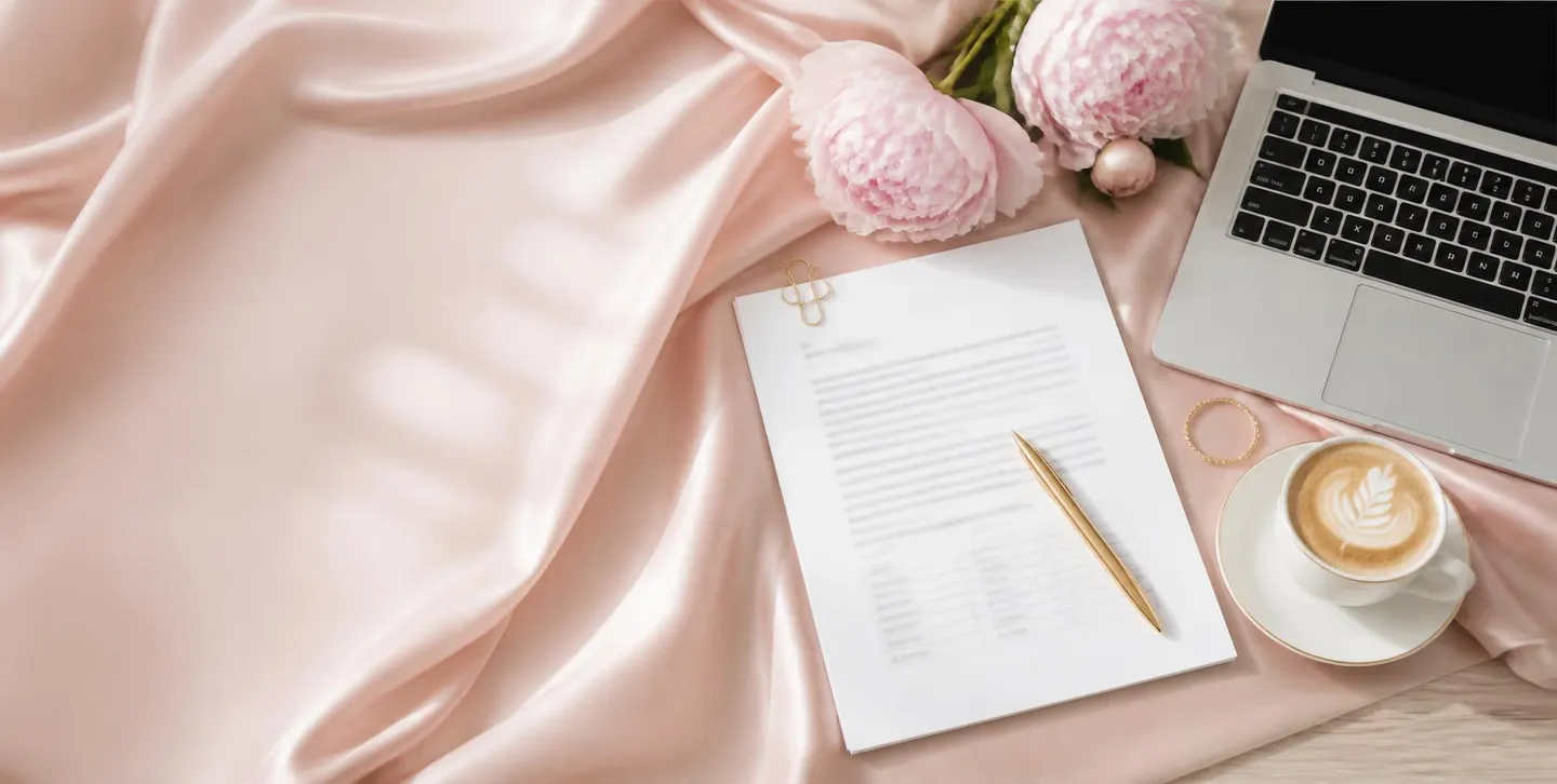 Een offerte met een gouden pen op roze satijn, naast een cappuccino, pioenrozen en een laptop