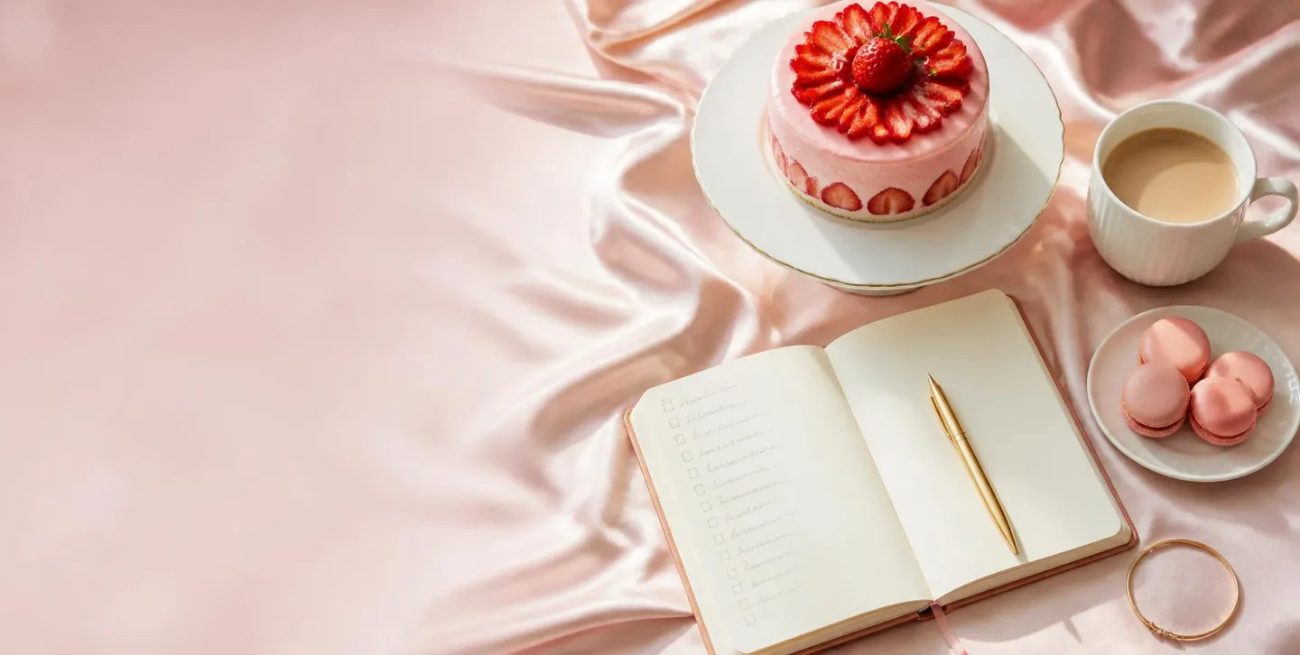 Een aardbeientaartje op een taartstandaard op roze satijn, naast macarons, een notitieboek met een gouden pen en koffie