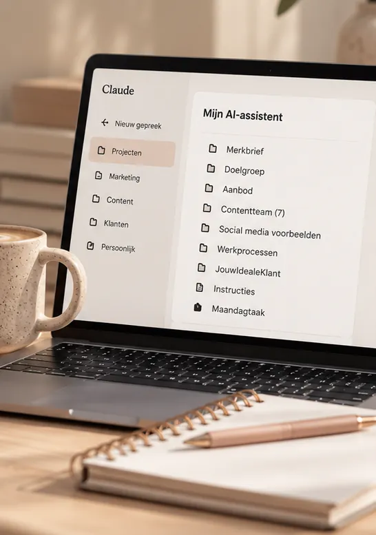 Laptop met Claude open, met de map Contentteam