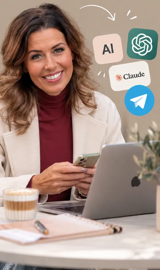 Monique met haar telefoon en laptop